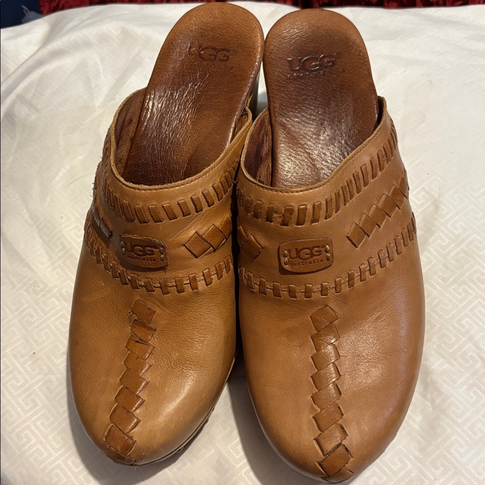 UGG Brown Leather Slip-On Clogs
